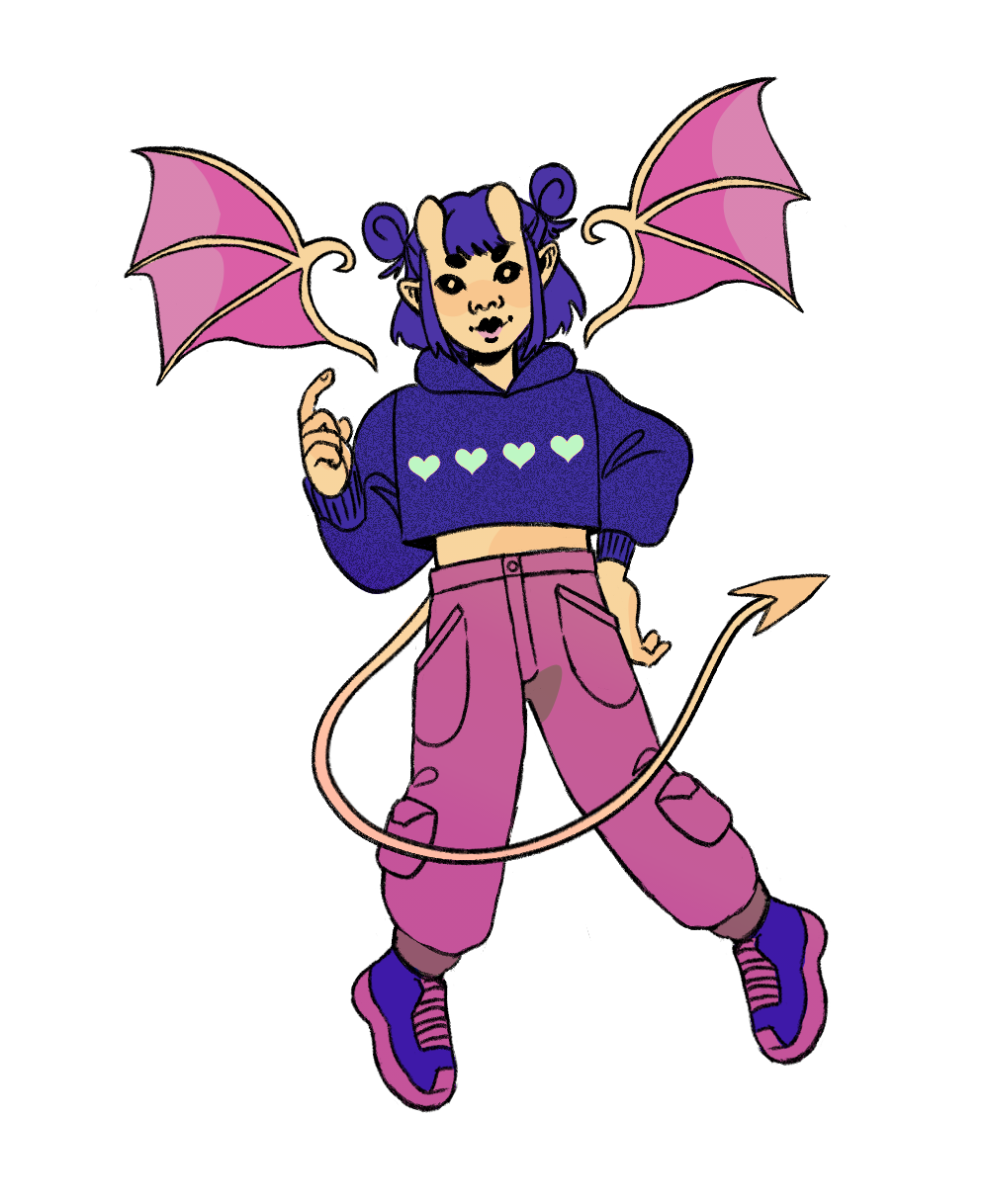 A digital drawing of Zion Aliciakeyes from the video game Blaseball. She is a Chinese Imp wearing pink pants and a cropped hoodie with hearts on the front.