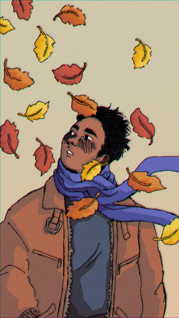 A digital drawing of a fat person wearing a tan jacket over a sweater. The person is looking up at falling Autumn leaves, while their blue scarf flaps in front of their face around their neck.
