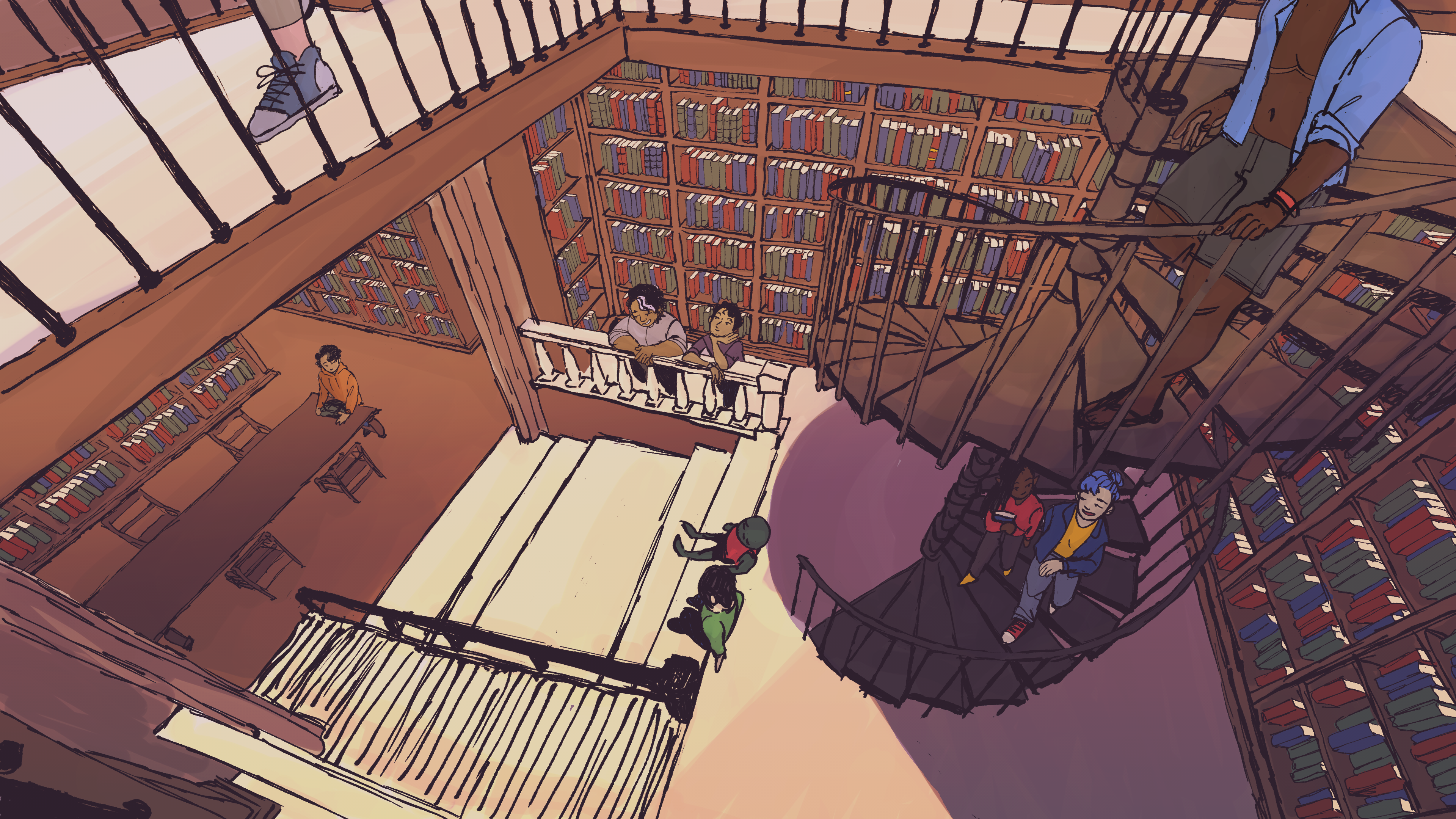 A digital drawing of the Chicago Firefighters from the game Blaseball in a library. There is a large grey spiral staircase in the right part of the image, and three people are stepping down it. Connected to the top of this staircase is an upper floor where someone else is walking. To the left of this staircase is another set of shallow stairs, where two more people are seated, and a ramp descending into a connected room. The bookshelves are tall and from floor to ceiling. There is a long table surrounded by chairs in the connected room, and another person is putting books on it. Near the shallow staircase is a railing where two more people lean on.