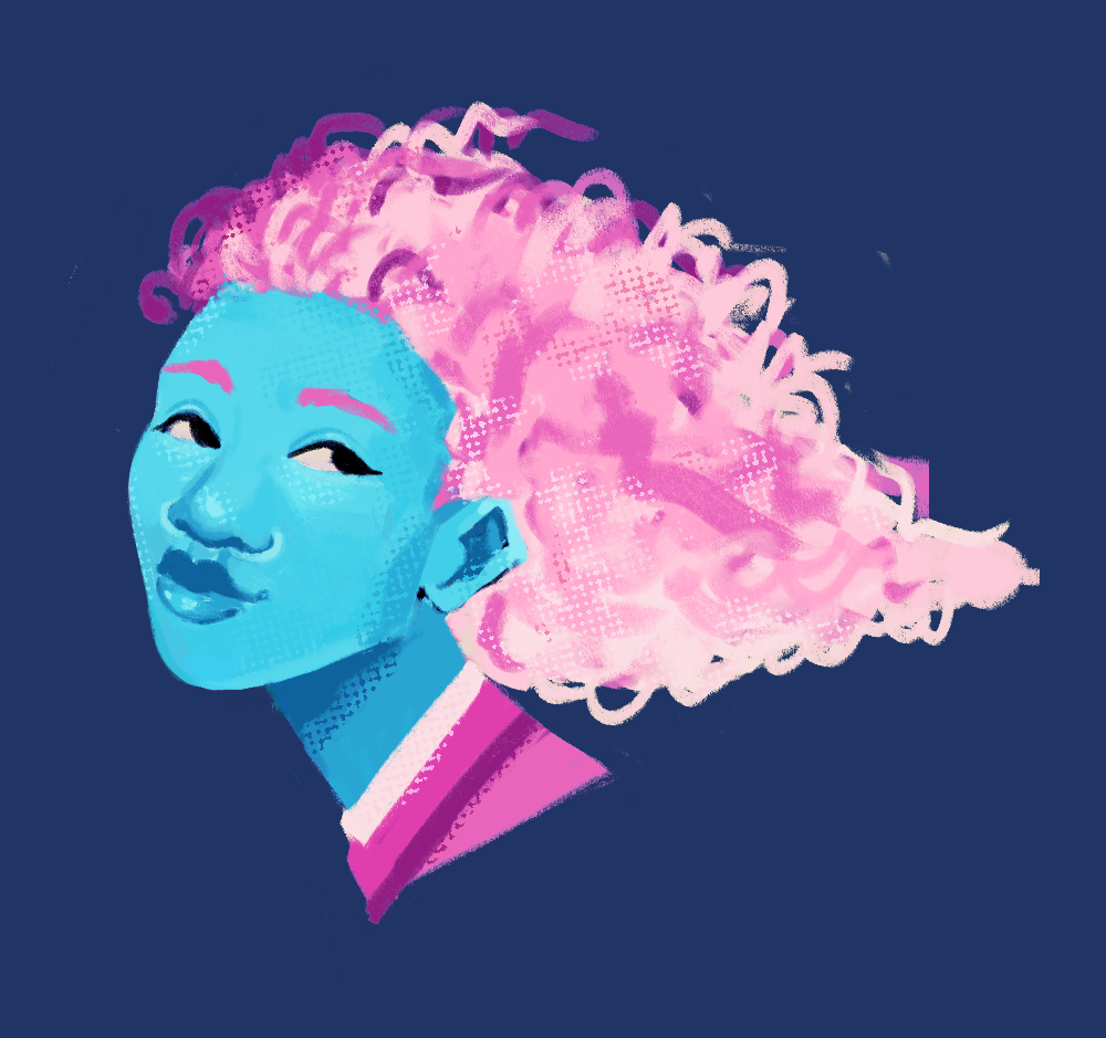 A digital bust drawing of Cumulous Rocks from A Crown of Candy. He is facing 3/4 left. He is smiling slightly, with his pink/white curly hair billowing behind his head like clouds.