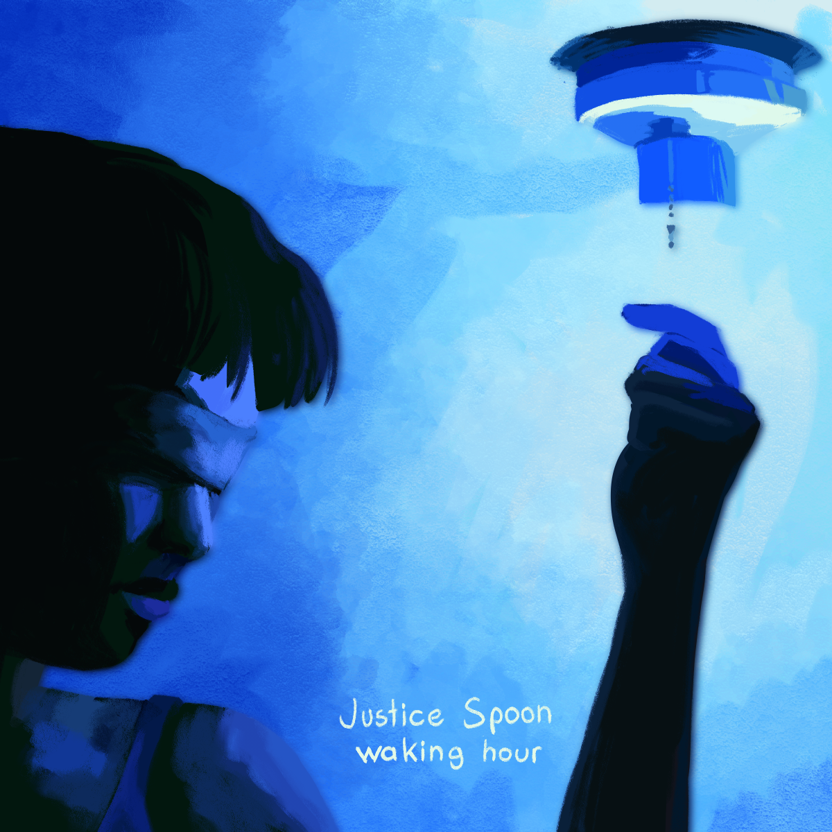 A digital drawing of Justice Spoon from the game Blaseball. They are facing a light attached to the ceiling, pulling the string that turns it on. The picture is colored in shades of blue, like Vienna Teng's Waking Hour album cover.