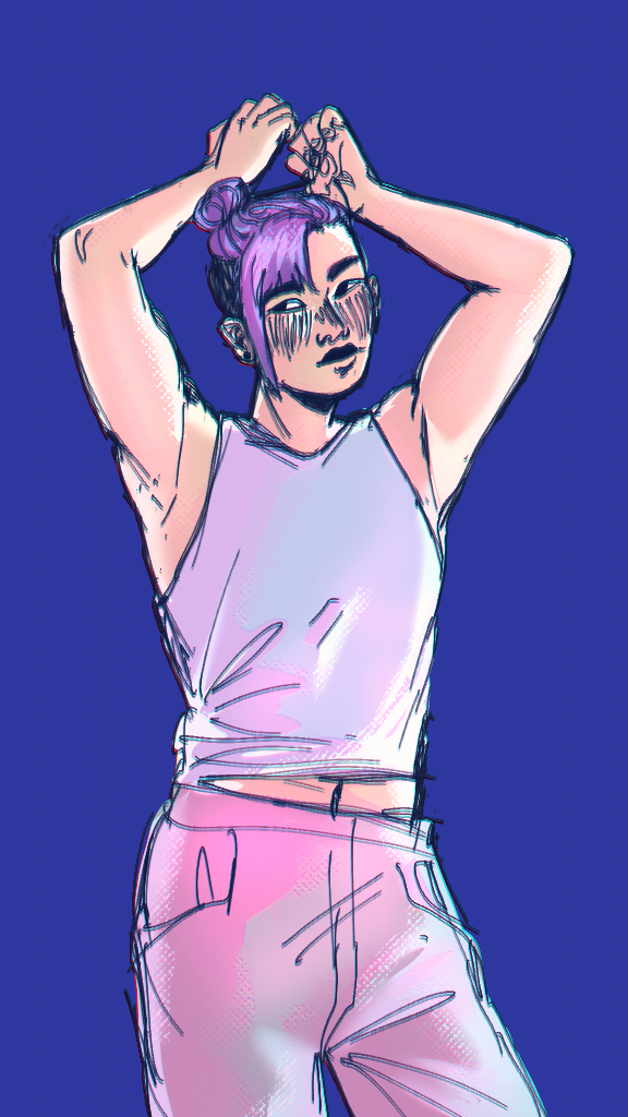 A digital drawing of Lou Roseheart from the game Blaseball. Lou’s hair is tied into a bun with an undercut, with bangs on the right side of her face. Her arms are raised above her head, hands clenched around a hair tie. Lou is wearing a light blue tank top with grey-pink pants in front of a dark blue background.