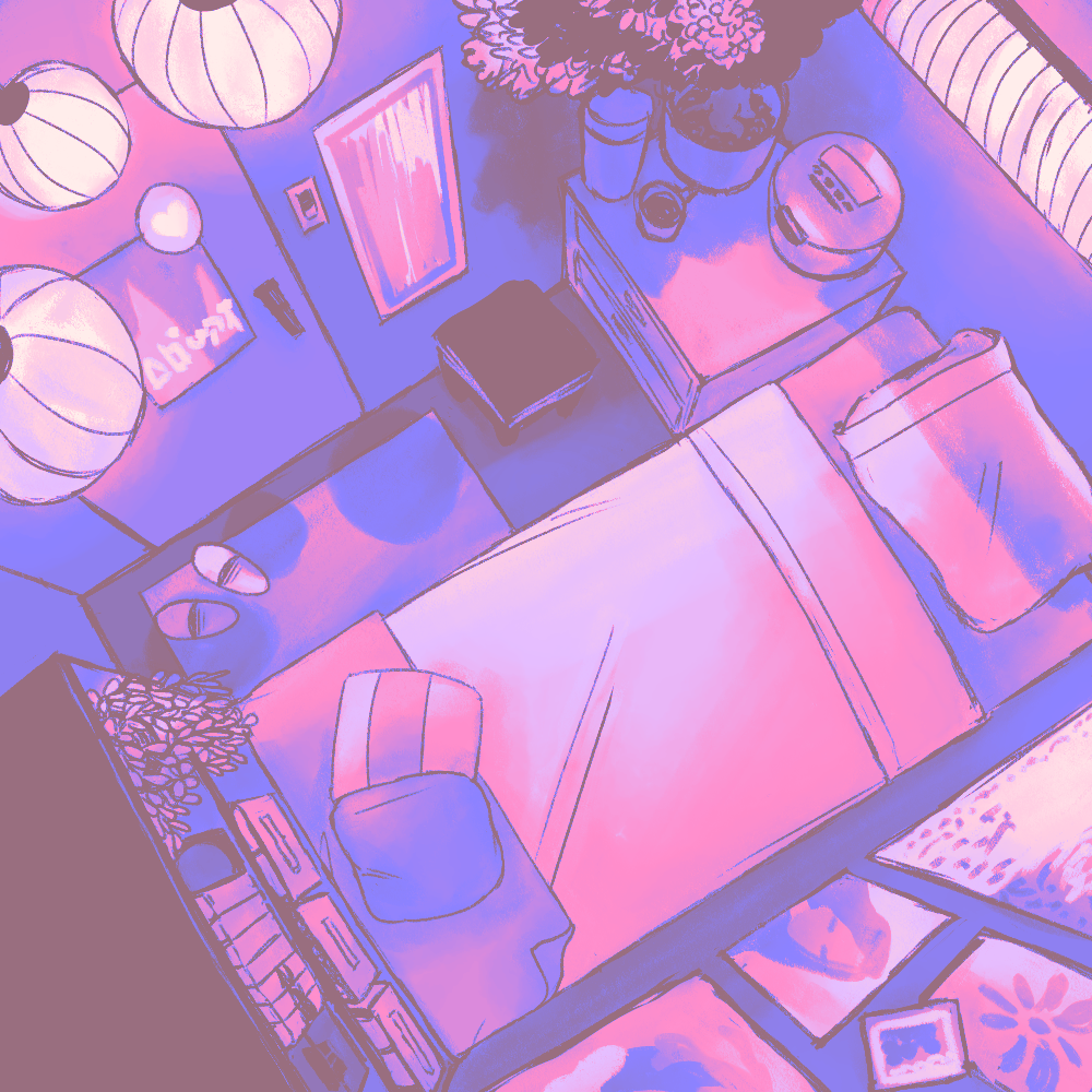 A digital drawing of a room consisting of a bed, bookcase, side drawer, and a stool. There are a few plants in the room, as well as some rugs, blankets, and extra pillows. Posters cover the wall. A lamp on the wall that the drawer and bed are propped against, as well as lanterns by the door, provide the room with light. The room is colored with more saturated purple and pink tones.