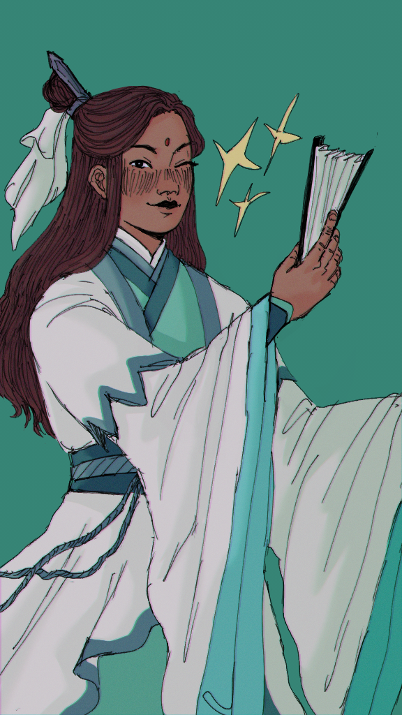 A digital drawing of Shi Qingxuan from Tian Guan Ci Fu. Shi Qingxuan is wearing white and teal hanfu, holding a fan in one hand while winking at the viewer.