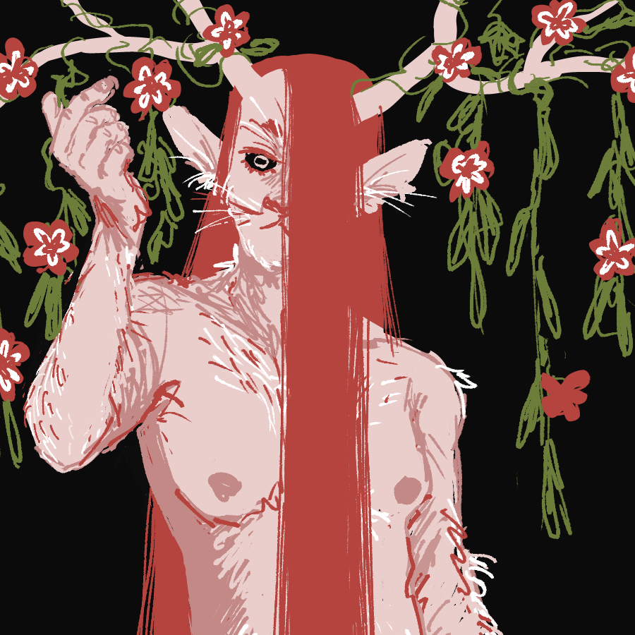 A digital drawing of a tiefling character. The fur is light pink with long dark pink hair. Some of it falls in front of the character's bare chest. The tiefling also has long antler horns covered in vines and flowers.